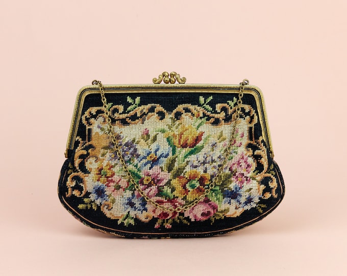 Vintage Black Floral Needlework Bag, Brass Metal Frame and Closure, Chain Handle, Tapestry Purse