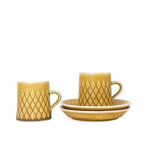 2x Vintage Mid Century Ceramic Quistgaard Relief Tan Beige Tea Cups and Saucers, Scandinavian Stoneware, B&G Danish Pottery