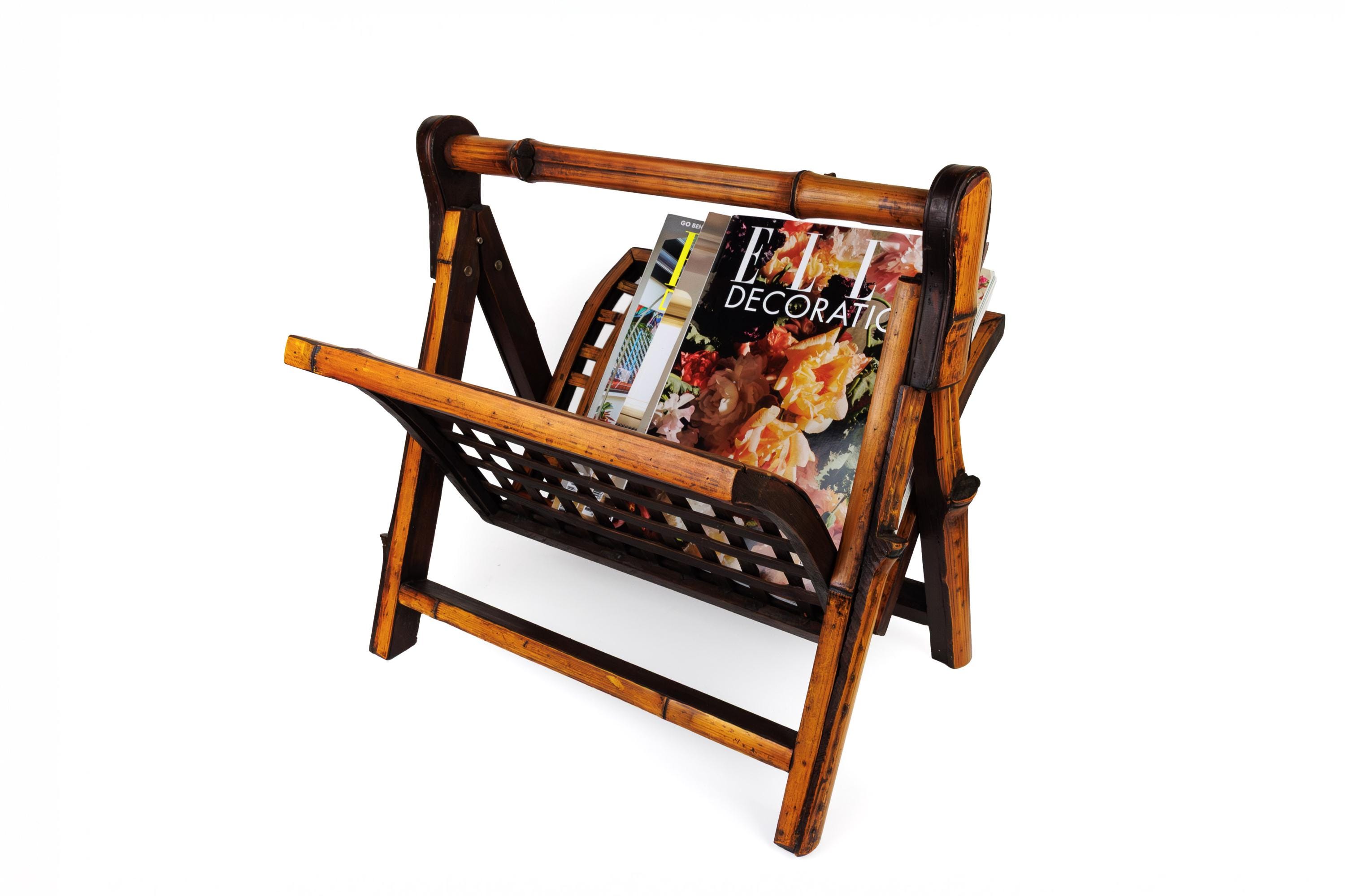 Vintage Woven Bamboo and Wood Magazine Rack, Mid Century Folding