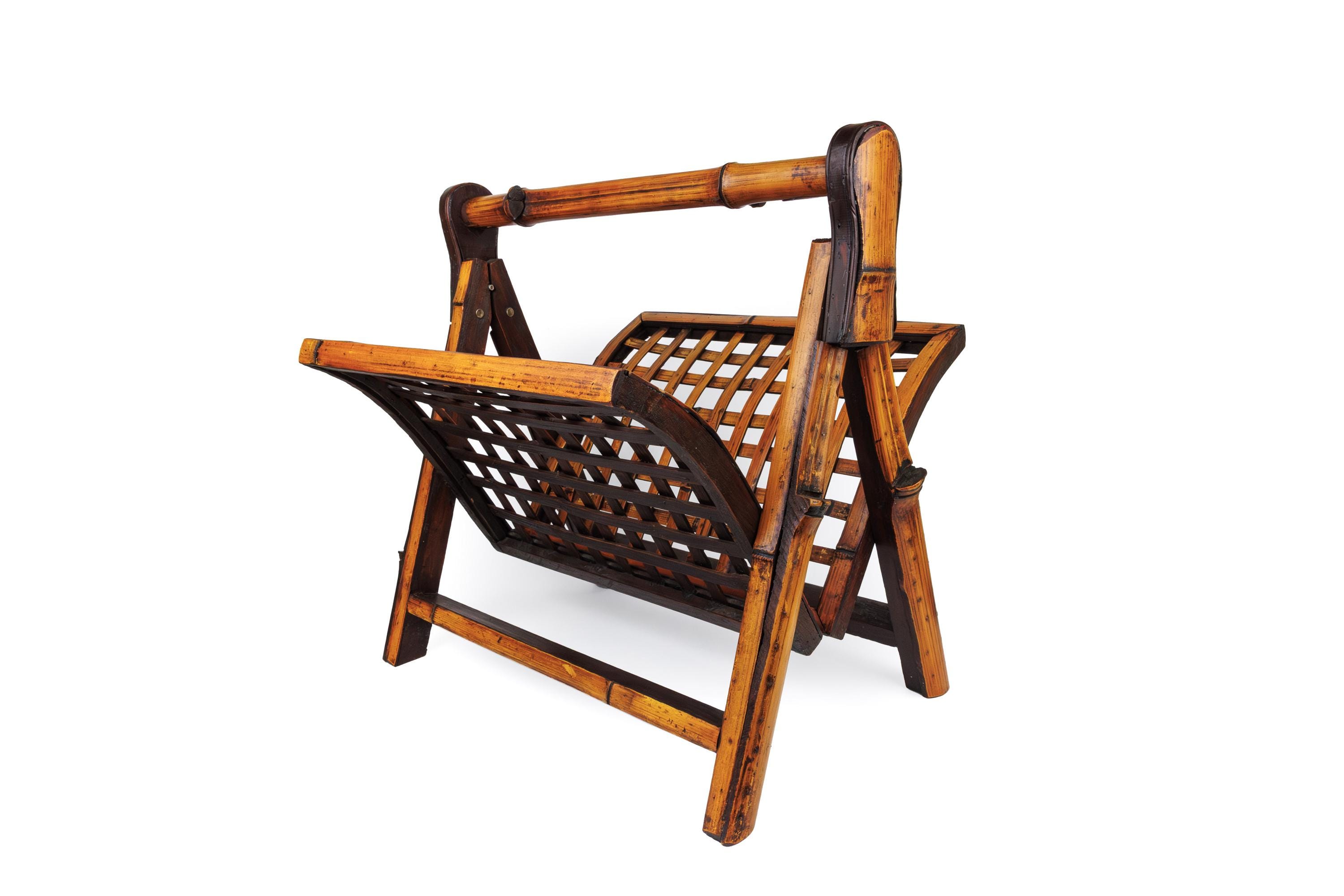 Vintage Woven Bamboo and Wood Magazine Rack, Mid Century Folding