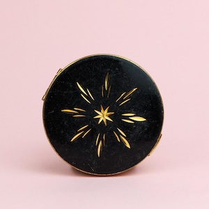 Vintage Mid Century Black Round Compact, 1950s Fashion, Geometric Star Design, Goldtone Metal Possibly Kigu