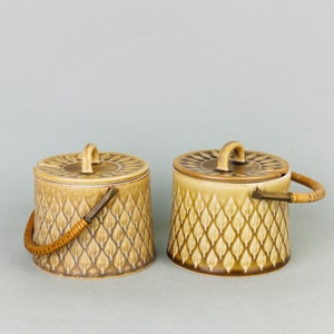 May include: Two ceramic lidded jars with brown and white leaf patterns and wooden handles. The jars are on a light gray background.