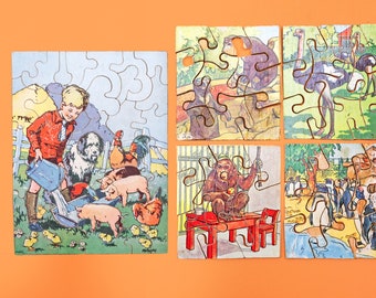 Colección de rompecabezas de animales británicos vintage, zoológico, granja, patos, cerdos, libro de cuentos de animales de los años 40 y 50