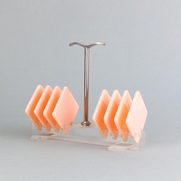 Art Deco Vintage Pink and Clear Early Plastic Toast Rack, 6 Slot, Mid Century Retro Kitchenalia, Chrome Metal Handle