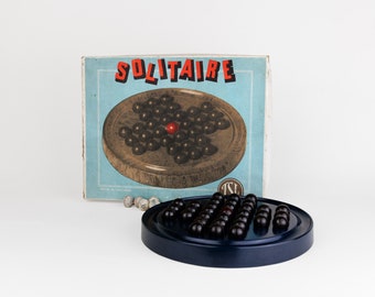 Juego de solitario en caja de plástico temprano vintage con soporte de plástico, juego JSL británico