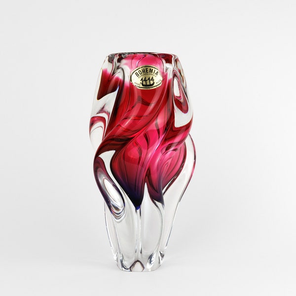 Vintage Magenta Pink and Clear Bohemia Czech 1414 Swirl Glass Vase, Heavy Blown Glass Josef Hospodka Chribska Original Label Mid Century