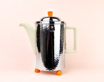 Vintage Bauhaus WMF DRP Art Deco Insulated Tea Pot, Orange Bakelite Accents, Hammered Silver Metal, Cermamic Tea Maker, Bauscher Weiden