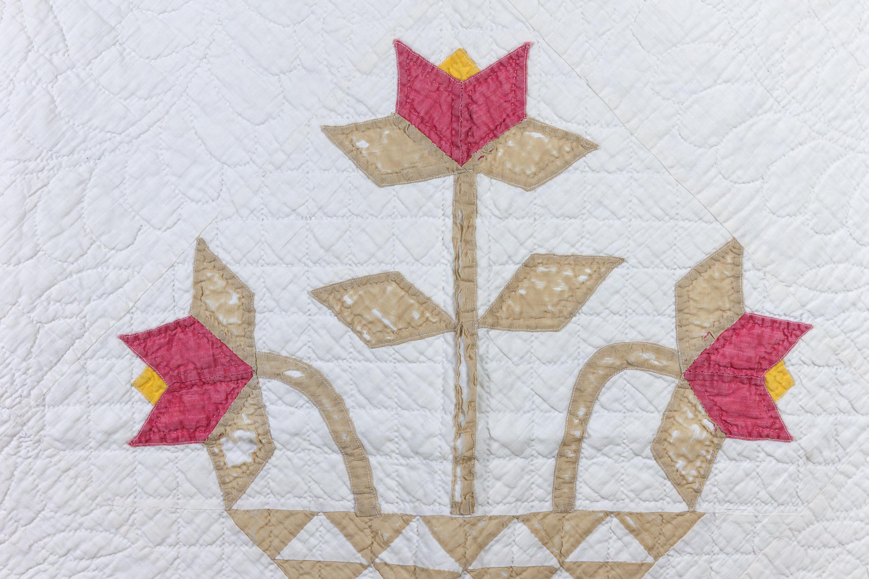 Antique Quilt Hand Sewn Tulip Basket or Carolina Lily Pattern White ...
