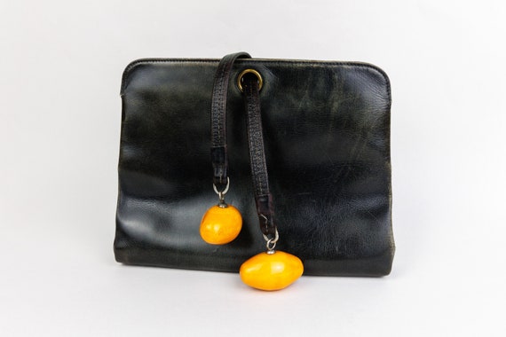 Vintage Dark Brown Leather Clutch Bag with Orange… - image 1