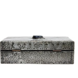 May include: A rectangular, silver-toned box with a textured surface and a black, rounded knob on the lid. The box has a hinged closure and appears to be made of metal. The overall aesthetic is rustic and industrial.