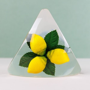 Vintage Resin Lucite Briefbeschwerer, durchsichtiger Kunststoff mit gelben Zitronen, Kitsch, Retro