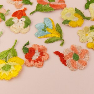 Collection of 12 Vintage Embroidered Flower Appliques in Peach Pink and Yellow, Silk Floral image 2