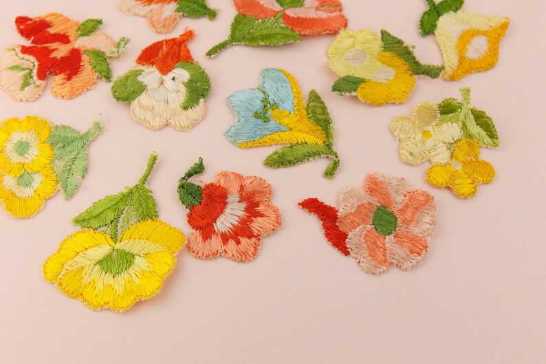 Collection of 12 Vintage Embroidered Flower Appliques in Peach Pink and Yellow, Silk Floral image 2