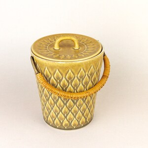 May include: A ceramic ice bucket with a lid and a woven handle. The bucket is decorated with a green and yellow leaf pattern.