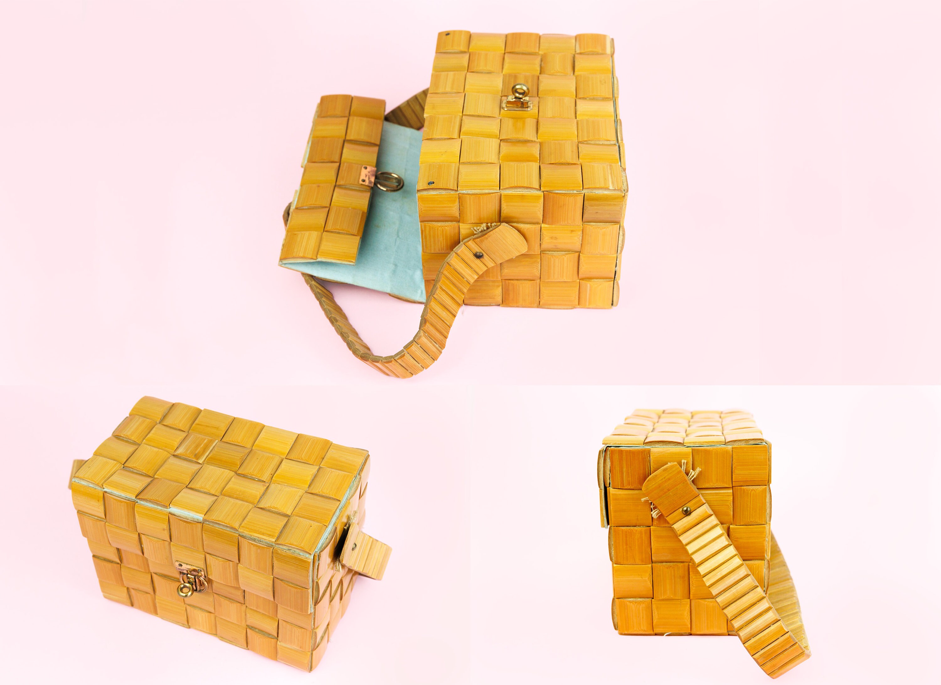 Vintage Wooden Square Tile Box Shaped Light Brown Handbag