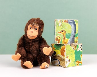 Steiff Miniature Brown Jocko Monkey with Button, Jointed with head that moves back and forth, Felt Hands and Feet 50s