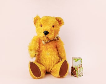 Vintage Mid Century Chiltern Hugmee Teddy Bear, Jointed, Swivel head, Glass Eyes, Orange Plush British Toy Bear