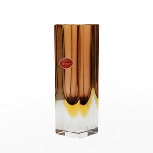 Vintage Murano Sommerso Faceted Glass Vase, 60s Italian Tan and Yellow Glass, Mid Century Vase, Column Vase, Original Label