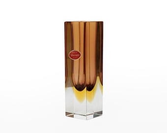 Vintage Murano Sommerso Faceted Glass Vase, 60s Italian Tan and Yellow Glass, Mid Century Vase, Column Vase, Original Label