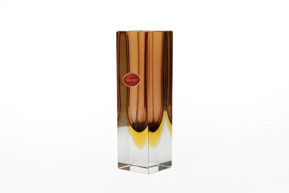 Vintage Murano Sommerso Faceted Glass Vase, 60s Italian Tan and Yellow Glass, Mid Century Vase, Column Vase, Original Label