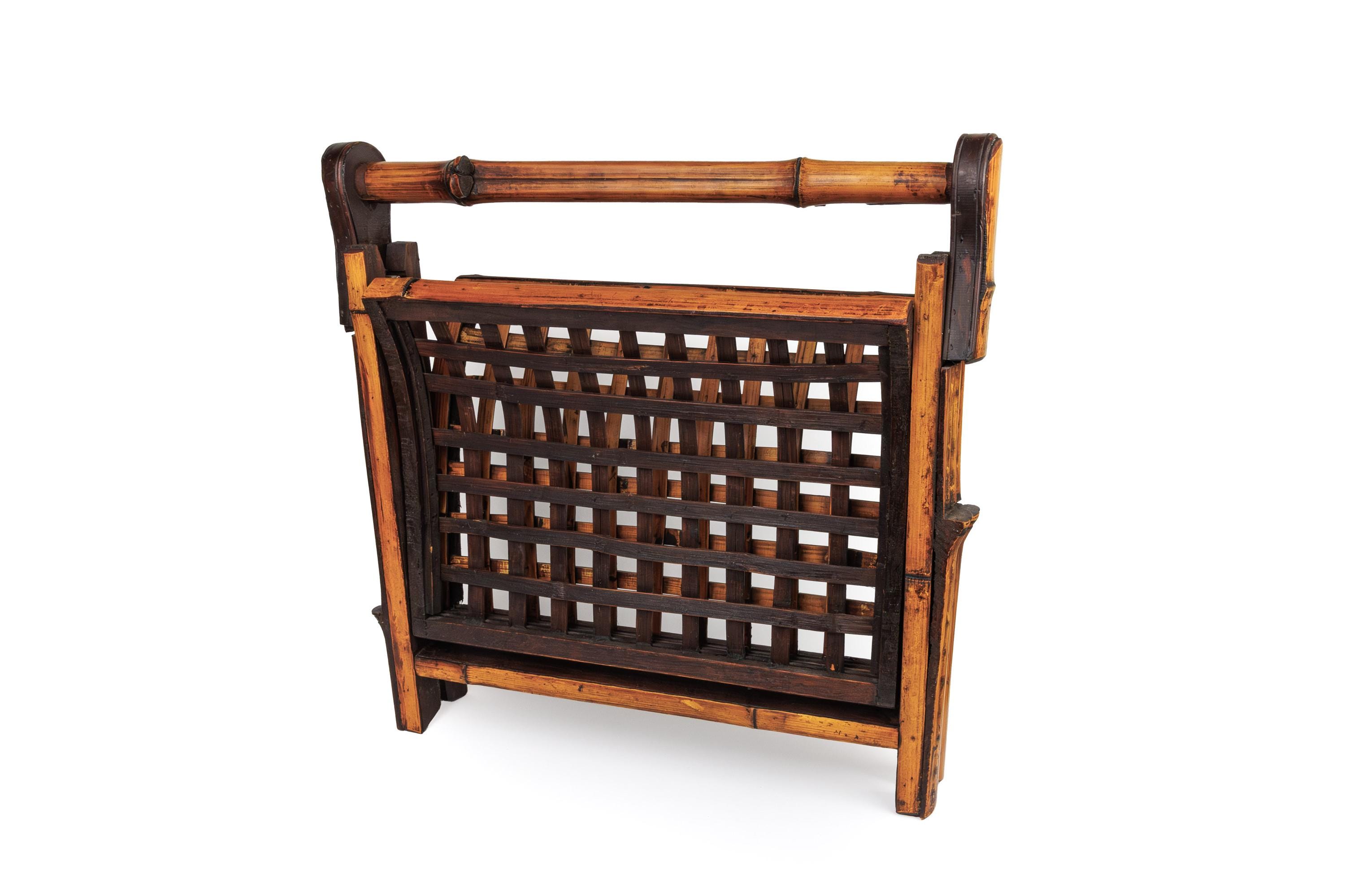 Vintage Woven Bamboo and Wood Magazine Rack, Mid Century Folding