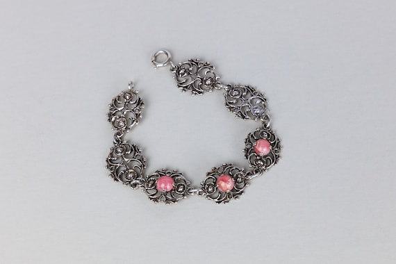 Vintage German Silver Link Bracelet, Rhodochrosit… - image 2