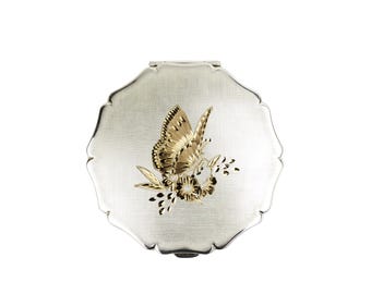 Vintage Mid Century Modernist versilbert Queen Compact mit Gold Butterfly Design 1970er 80er Jahre