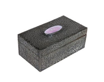 Antique Arts and Crafts Hammered Pewter Metal Wooden Box, Rectangular Hinged Trinket, Jewellery Box, Lilac Cabochon Ruskin Style Storage Box
