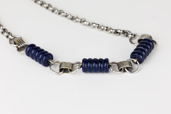 Vintage Art Deco Machine Age Necklace 1930s Jakob Bengel Style, Early Plastic Bakelite Dark Blue Cylinder Beads, Decorative Silver Metal View 4