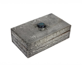 Antique Arts and Crafts Hammered Pewter Metal Wooden Box, Rectangular Hinged Trinket, Jewellery Box, Blue Cabochon, Ruskin Style Storage Box