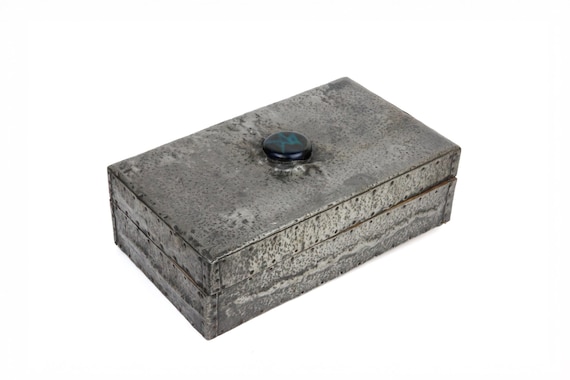 Antique Arts and Crafts Hammered Pewter Metal Wooden Box, Rectangular Hinged Trinket, Jewellery Box, Blue Cabochon, Ruskin Style Storage Box