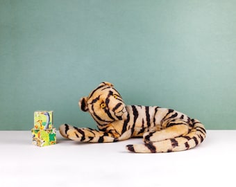 Vintage Stuffed Toy Reclining Plush Tiger, Early 20th Century Toy, Orange and Black, Glass Eyes 1930s