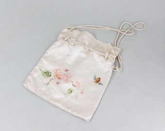 Vintage Cream Silk Drawstring Bag with Raised Painted Cherry Blossom Flowers and a Bumble Bee