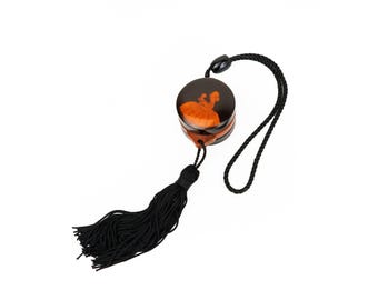 Vintage Small Round Early Plastic Dance Compact with Design in Orange of Ladies, 20s 30s, Plastic Dance Bag Art Deco Case, Black Tassel