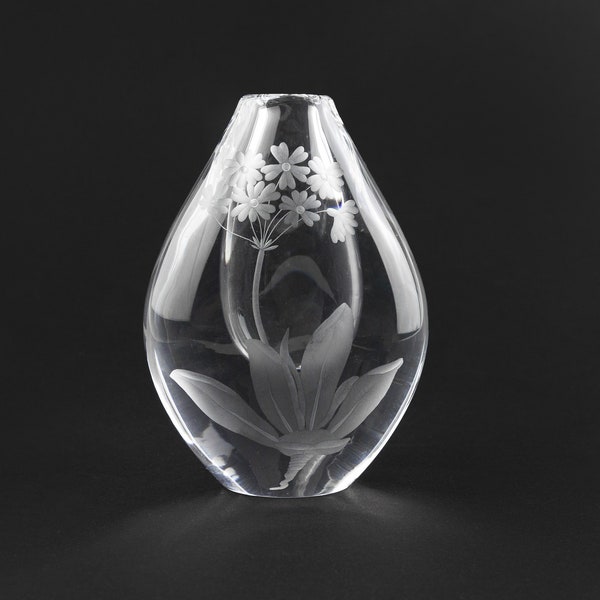 Vintage Swedish Orrefors Small Teardrop Shaped Heavy Glass Vase with an Etched Flower Design on the front, Sven Palmqvist