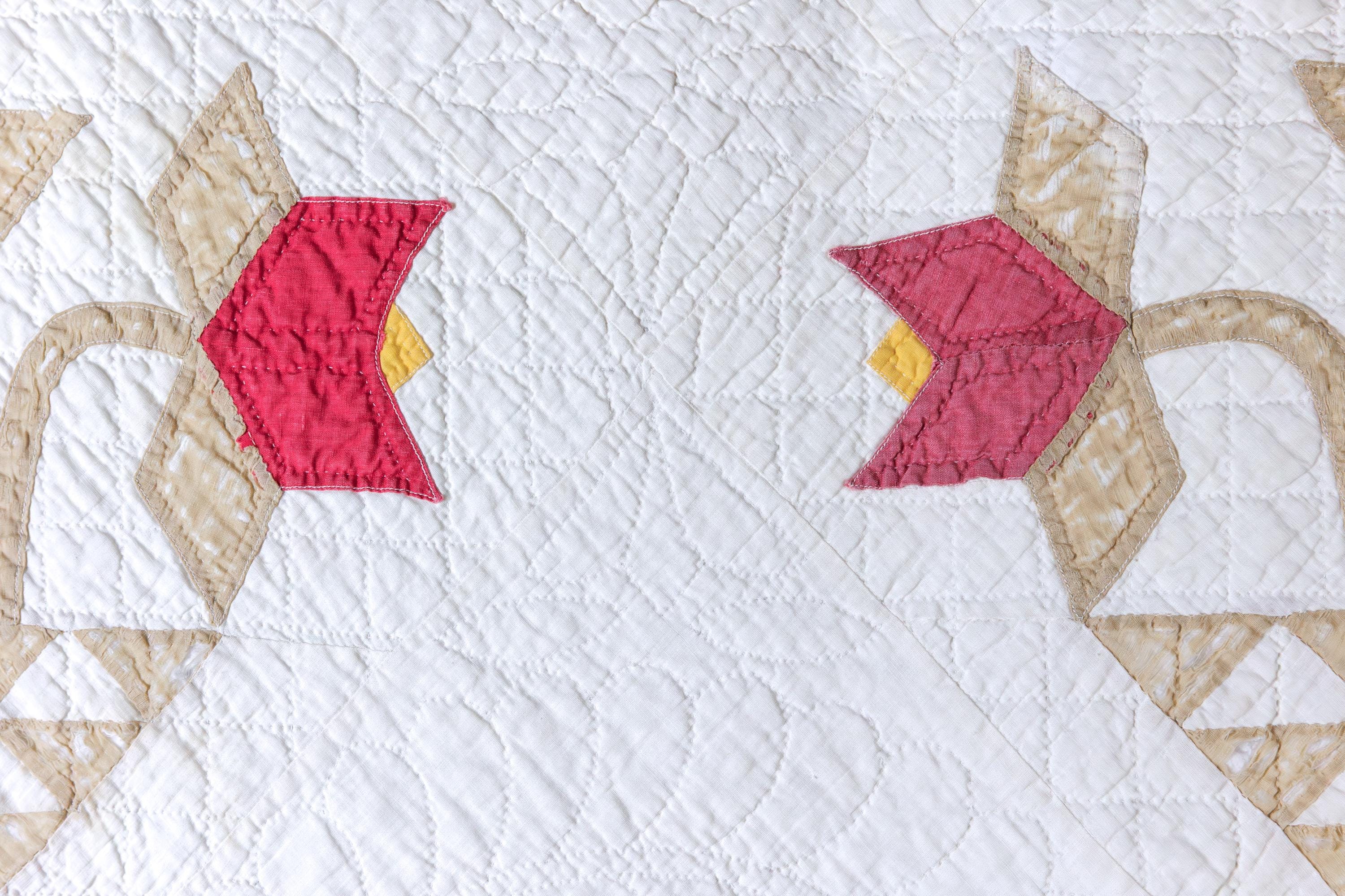 Antique Quilt Hand Sewn Tulip Basket or Carolina Lily Pattern White ...