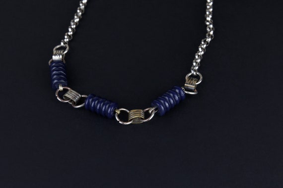 Vintage Art Deco Machine Age Necklace 1930s Jakob Bengel Style, Early Plastic Bakelite Dark Blue Cylinder Beads, Decorative Silver Metal View 6
