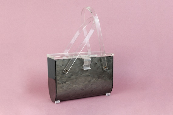 Vintage Grey Pearlized Lucite Handbag, Clear Luci… - image 1