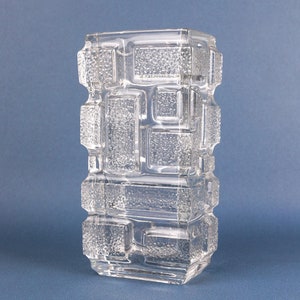 Vintage Jiri Zejmon - Rudolfova hut -  clear pressed glass vase circa 1969, model 13261, textured brick design, Sklo Union, 18cm