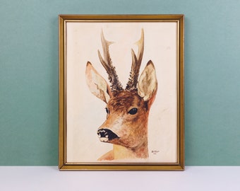 Vintage Watercolour Painting of a Roe Deer on Paper, Gold Painted Wood Frame, Wittber 1954, Mid Century Animal Watercolor Painting