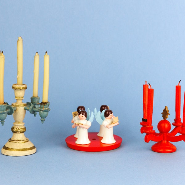 Collection of Vintage Erzgebirge Wooden Christmas Advent Candle Holders, Painted Wood, German Folk Art, Singing Angels, with Candles