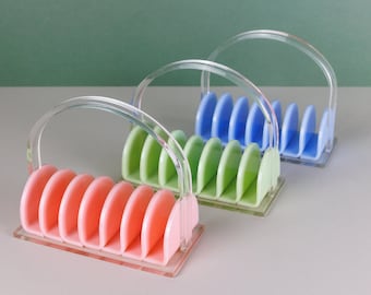 Vintage Retro 7 Slot Toast Rack, Clear Hoop Handle and Clear Base, Light Pink, Light Green or Pale Blue, Mid Century Retro Kitchenalia