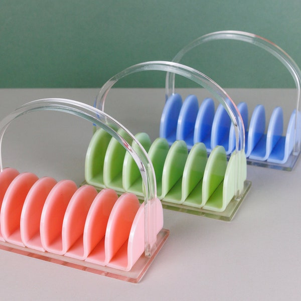 Vintage Retro 7 Slot Toast Rack, Clear Hoop Handle and Clear Base, Light Pink, Light Green or Pale Blue, Mid Century Retro Kitchenalia