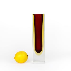 XL Vintage Italian Murano Sommerso Rectangular Column Glass Vase, in Red, Yellow and Clear Glass, Mid Century, 60s Studio Glass