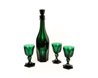 Antique Green Cut Glass Decanter and 3 Stemmed Glasses, Drinkware Set, Hand Blown Vintage Glass