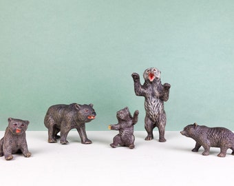 5x Vintage German Toy Hausser Elastolin Family of Bears, Composition Zoo Animals, Pre War 30s, Painted Figures