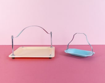 Vintage Early Plastic Cake Trays / Serving Tea Trays, Blue and Peach Colour Made in England, Retro, Art Deco, Chrome