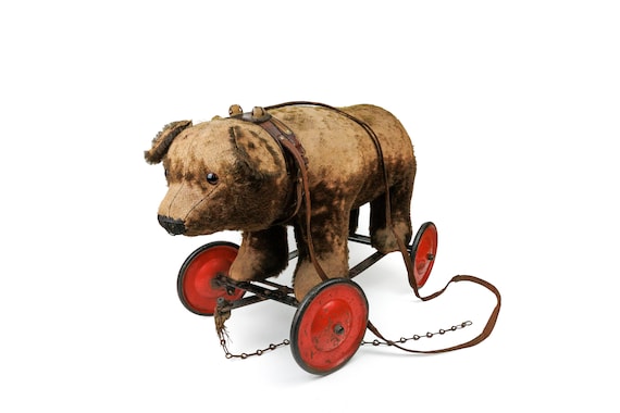 Large Antique 1920s Brown Mohair Bear on Wheels, Pull Along Chain