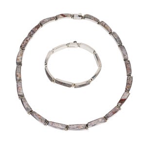 Vintage Silver Mexican Necklace and Bracelet Set, Stamped Mexico 950, Inlaid with Granite Gem Stone, Modernist TJ-6D Mex 950