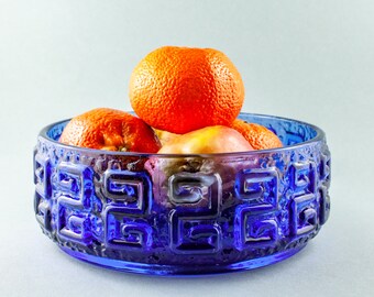 Vintage Riihimaki Blue Glass Bowl, Tamara Aladin, 1960's 'Taalari', Moulded with Geometric Reliefs, Finnish Mid Century